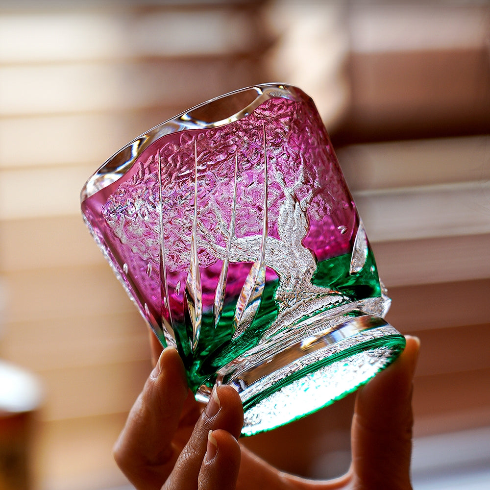 Handcrafted Edo Kiriko Sakura Nami whisky glass, Japanese cut crystal tumbler by Viko
