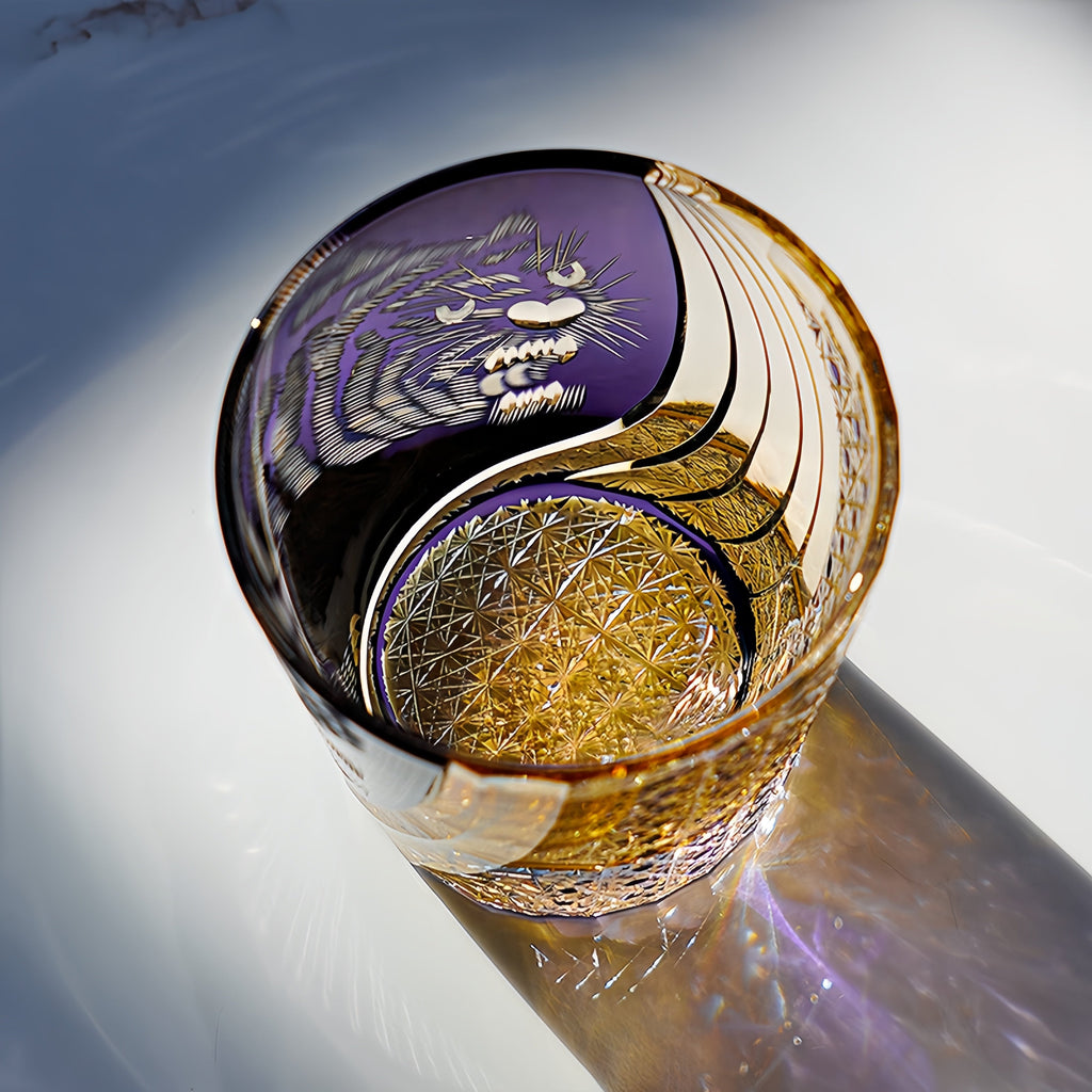Handcrafted Edo Kiriko Murasaki Tora whisky glass, Japanese cut crystal tumbler by Viko