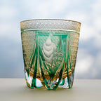 Handcrafted Edo Kiriko Emerald Peacock whisky glass, Japanese cut crystal tumbler by Viko