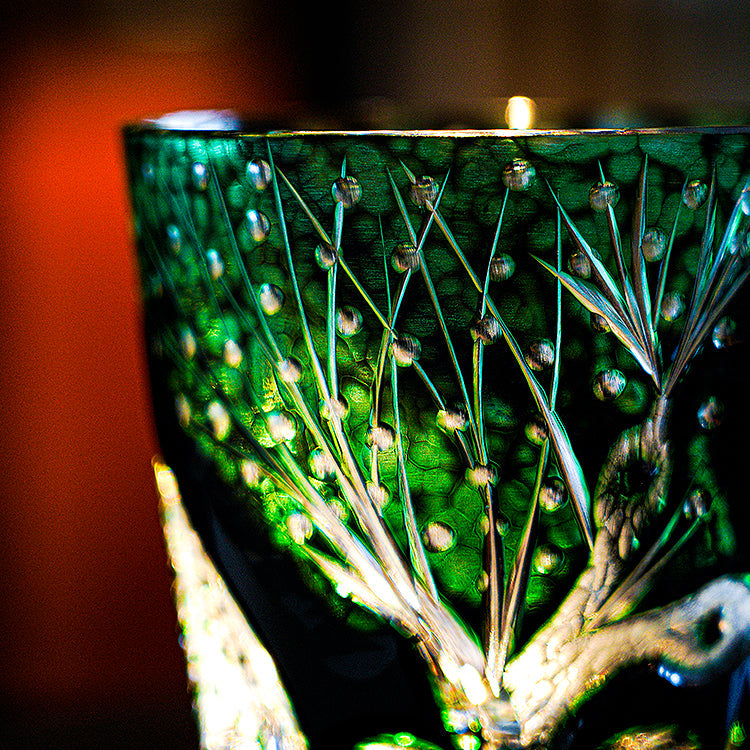 Handcrafted Edo Kiriko Green Serpent whisky glass, Japanese cut crystal tumbler by Viko