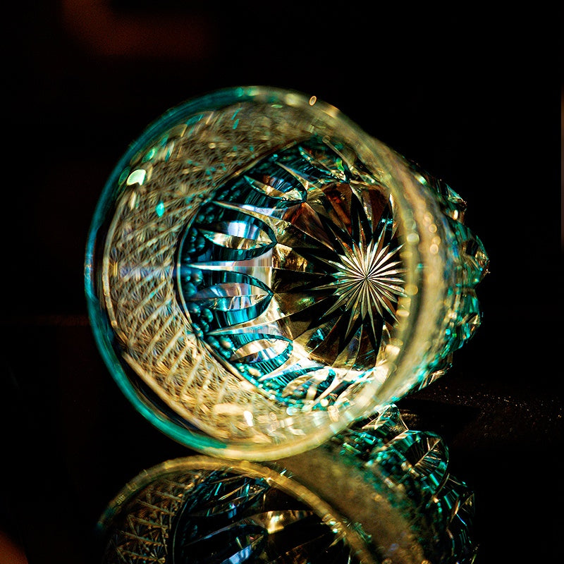 Handcrafted Edo Kiriko Aokiku whisky glass, Japanese cut crystal tumbler by Viko