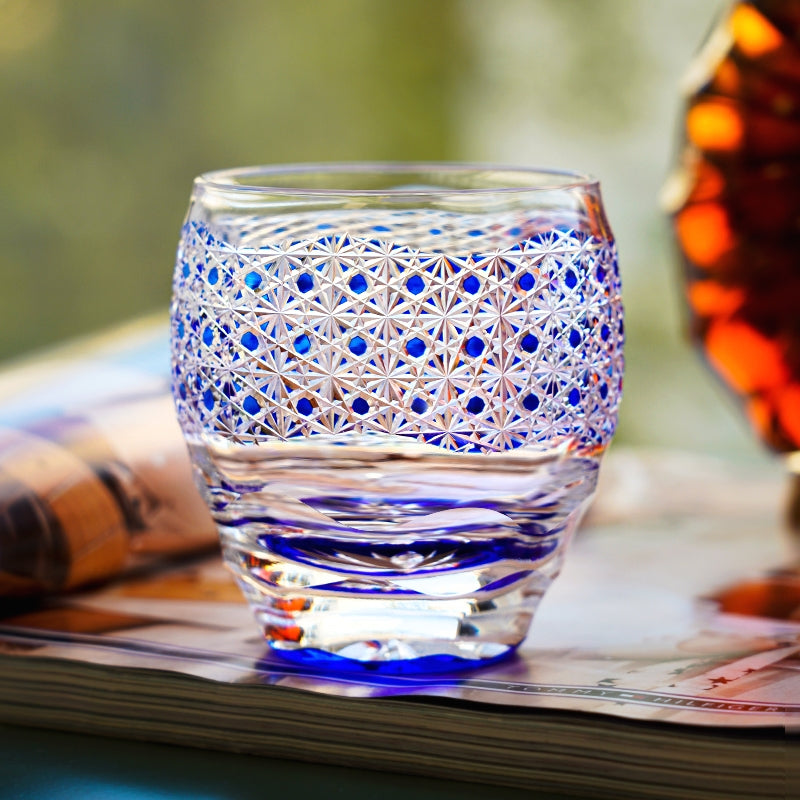 Handcrafted Edo Kiriko Midnight Blue Starburst whisky glass, Japanese cut crystal tumbler by Viko