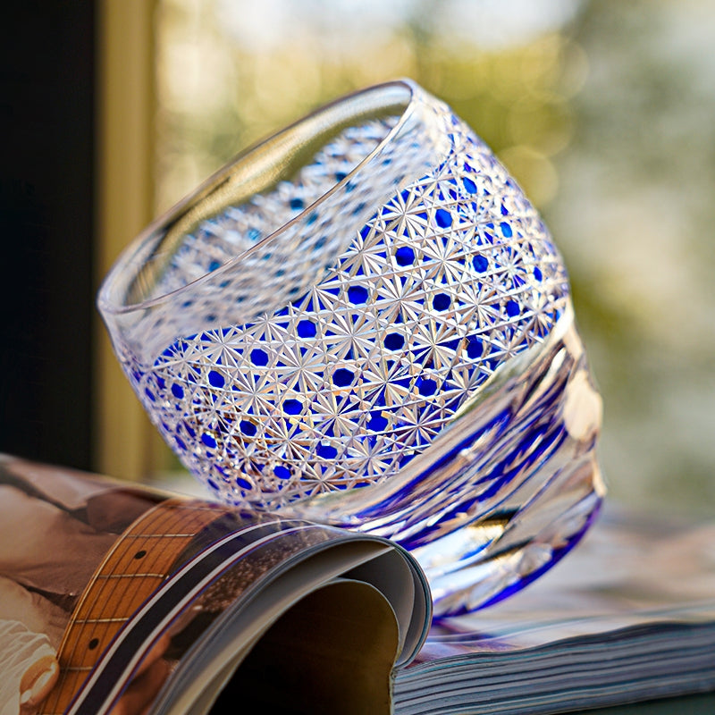 Handcrafted Edo Kiriko Midnight Blue Starburst whisky glass, Japanese cut crystal tumbler by Viko