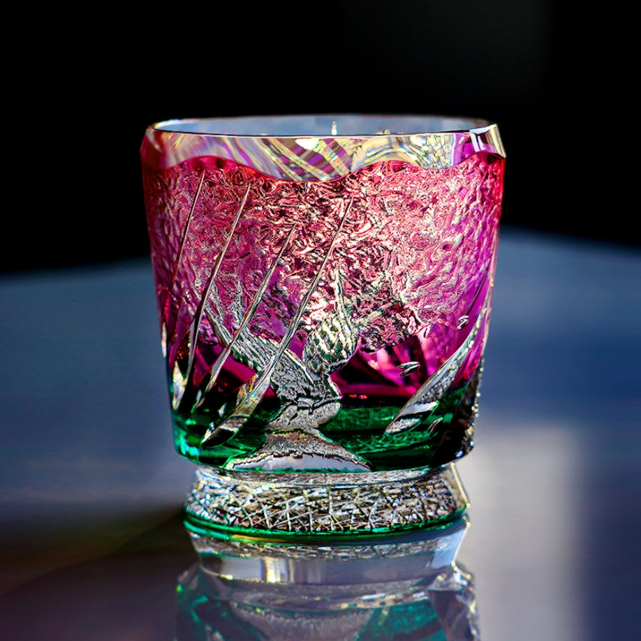 Handcrafted Edo Kiriko Sakura Nami whisky glass, Japanese cut crystal tumbler by Viko