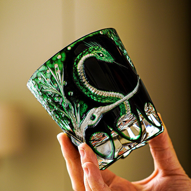 Handcrafted Edo Kiriko Green Serpent whisky glass, Japanese cut crystal tumbler by Viko