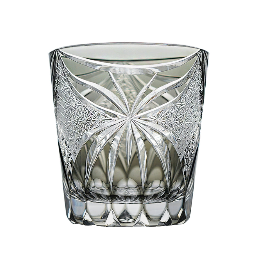 Handcrafted Edo Kiriko Inkstone Grey Butterfly whisky glass, Japanese cut crystal tumbler by Viko