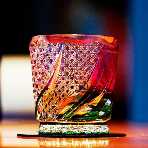 Handcrafted Edo Kiriko Sakura Nami whisky glass, Japanese cut crystal tumbler by Viko