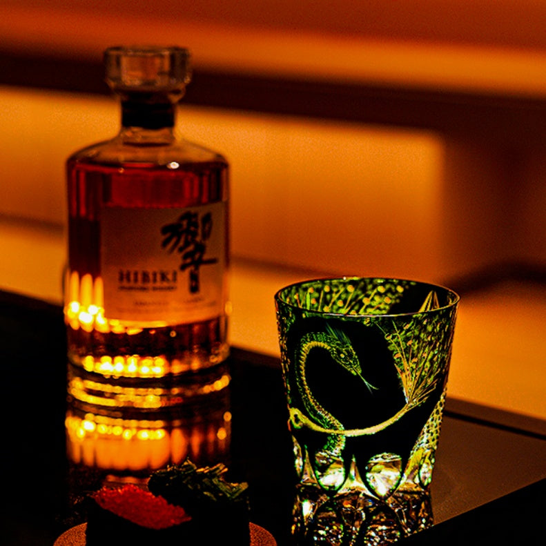 Handcrafted Edo Kiriko Green Serpent whisky glass, Japanese cut crystal tumbler by Viko