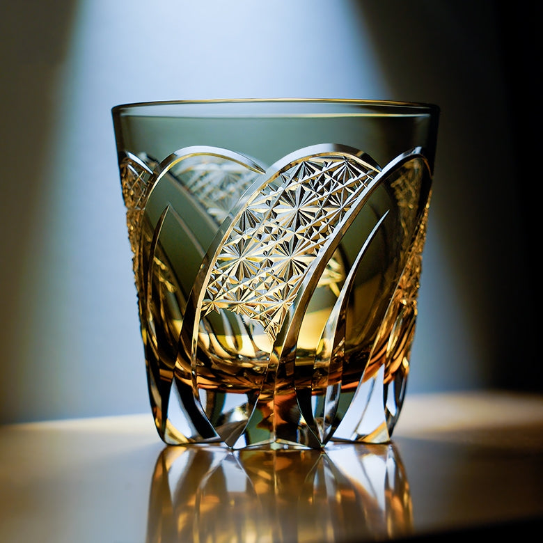Handcrafted Edo Kiriko Shadow Luminary whisky glass, Japanese cut crystal tumbler by Viko