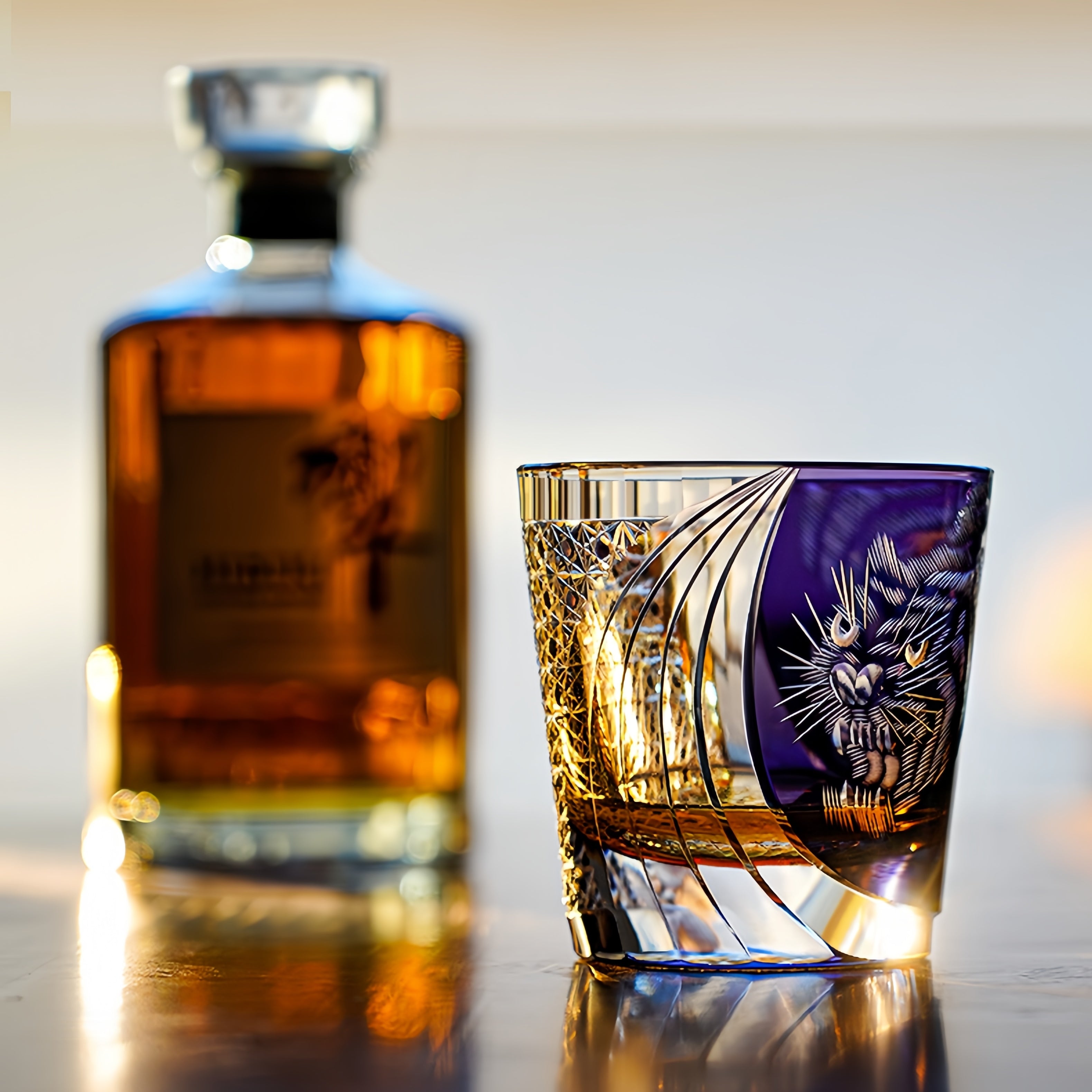 Handcrafted Edo Kiriko Murasaki Tora whisky glass, Japanese cut crystal tumbler by Viko