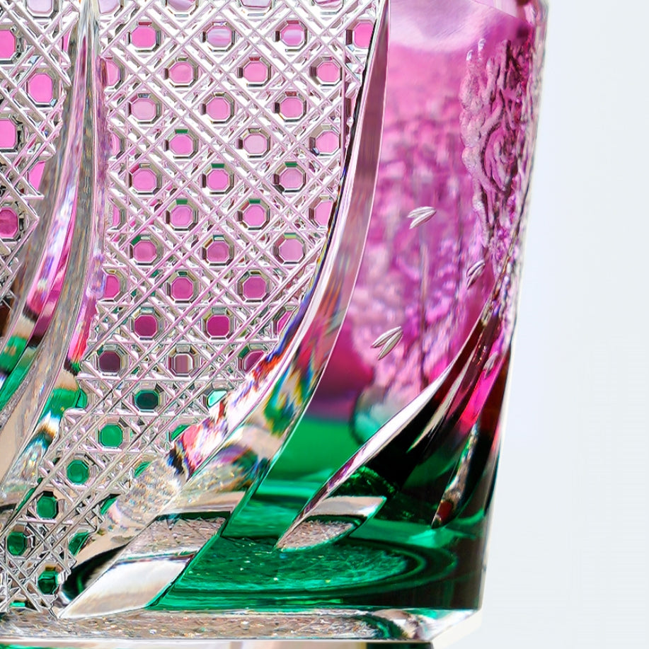 Handcrafted Edo Kiriko Sakura Nami whisky glass, Japanese cut crystal tumbler by Viko