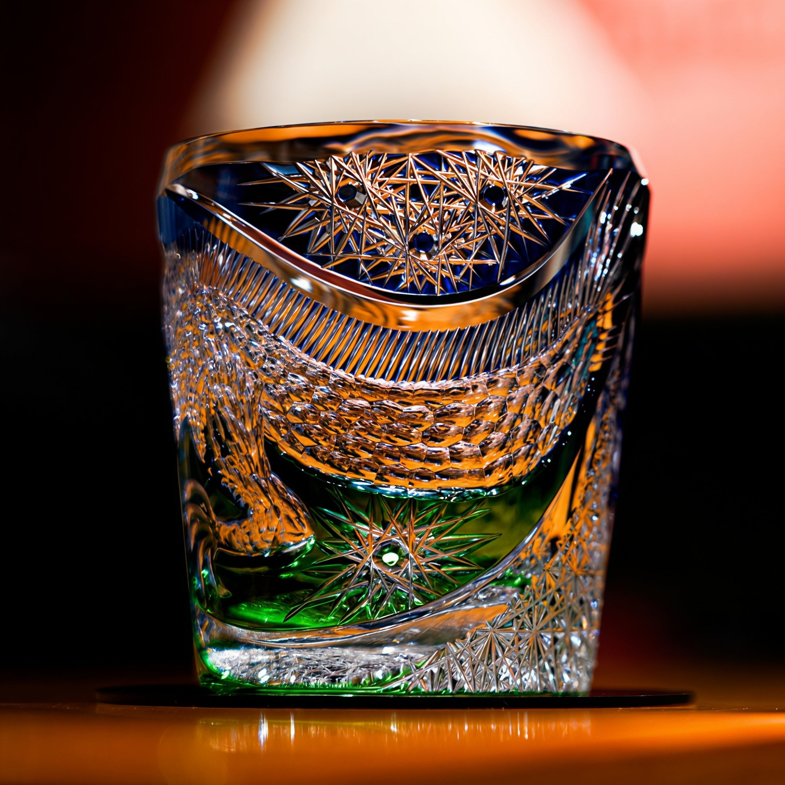 Handcrafted Edo Kiriko Kinryu whisky glass, Japanese cut crystal tumbler by Viko