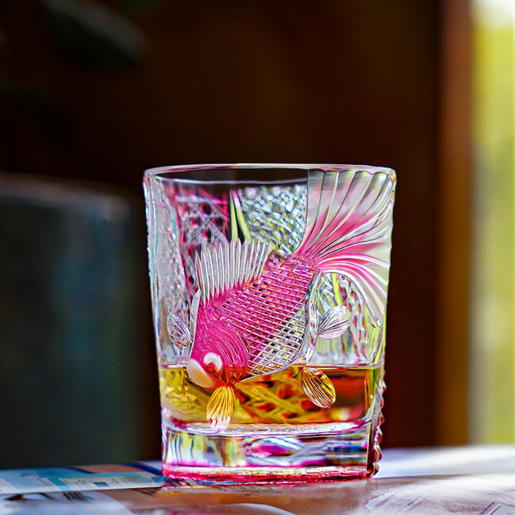 Handcrafted Edo Kiriko Taikan Rose Koi whisky glass, Japanese cut crystal tumbler by Viko