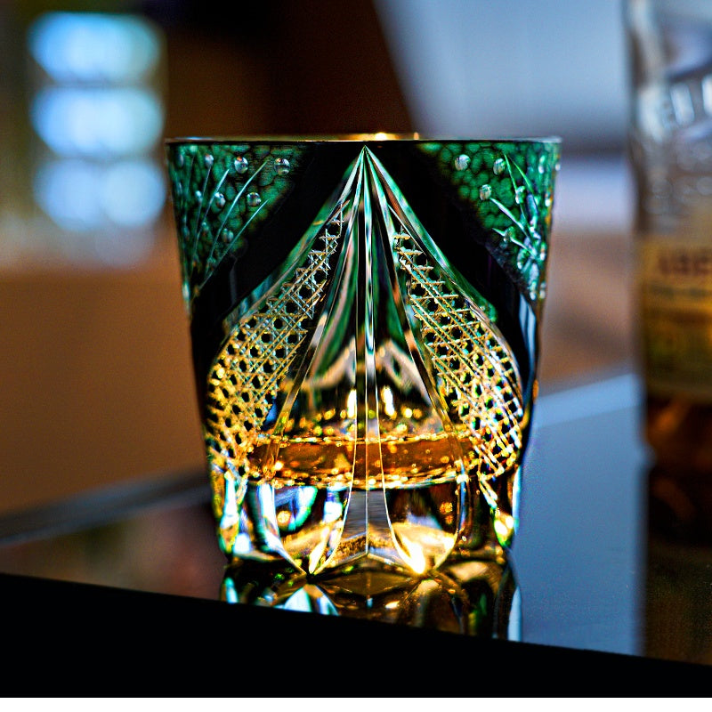 Handcrafted Edo Kiriko Green Serpent whisky glass, Japanese cut crystal tumbler by Viko