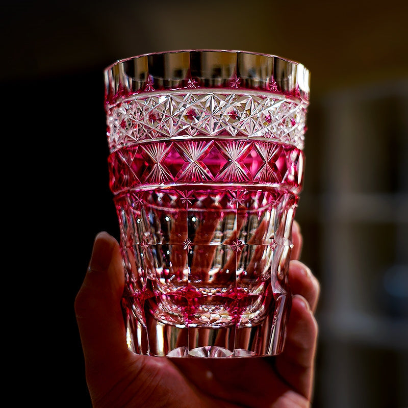 Handcrafted Edo Kiriko Ruby Aurora whisky glass, Japanese cut crystal tumbler by Viko