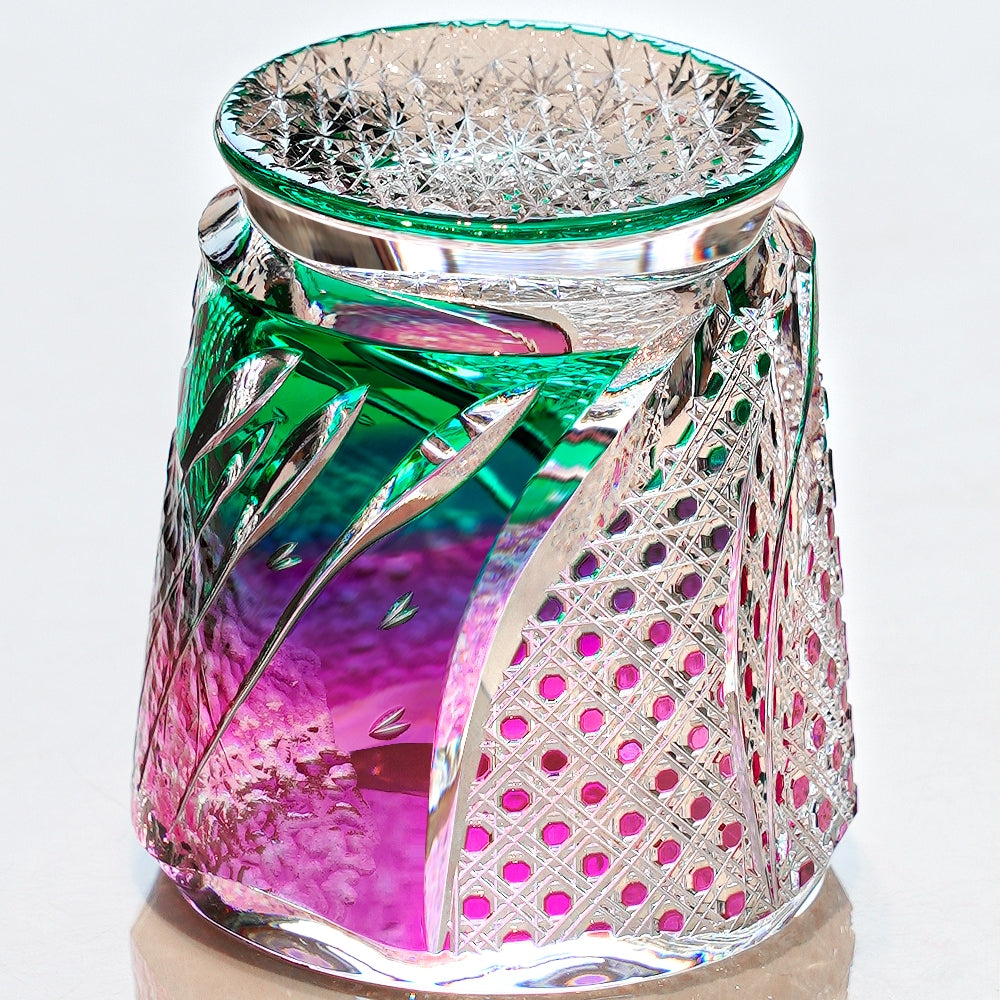 Handcrafted Edo Kiriko Sakura Nami whisky glass, Japanese cut crystal tumbler by Viko