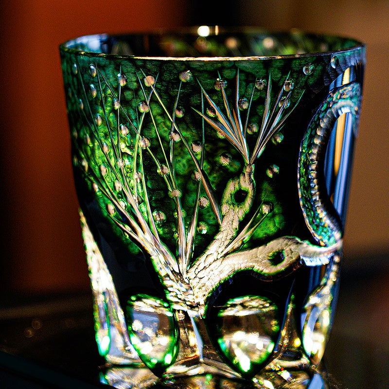 Handcrafted Edo Kiriko Green Serpent whisky glass, Japanese cut crystal tumbler by Viko