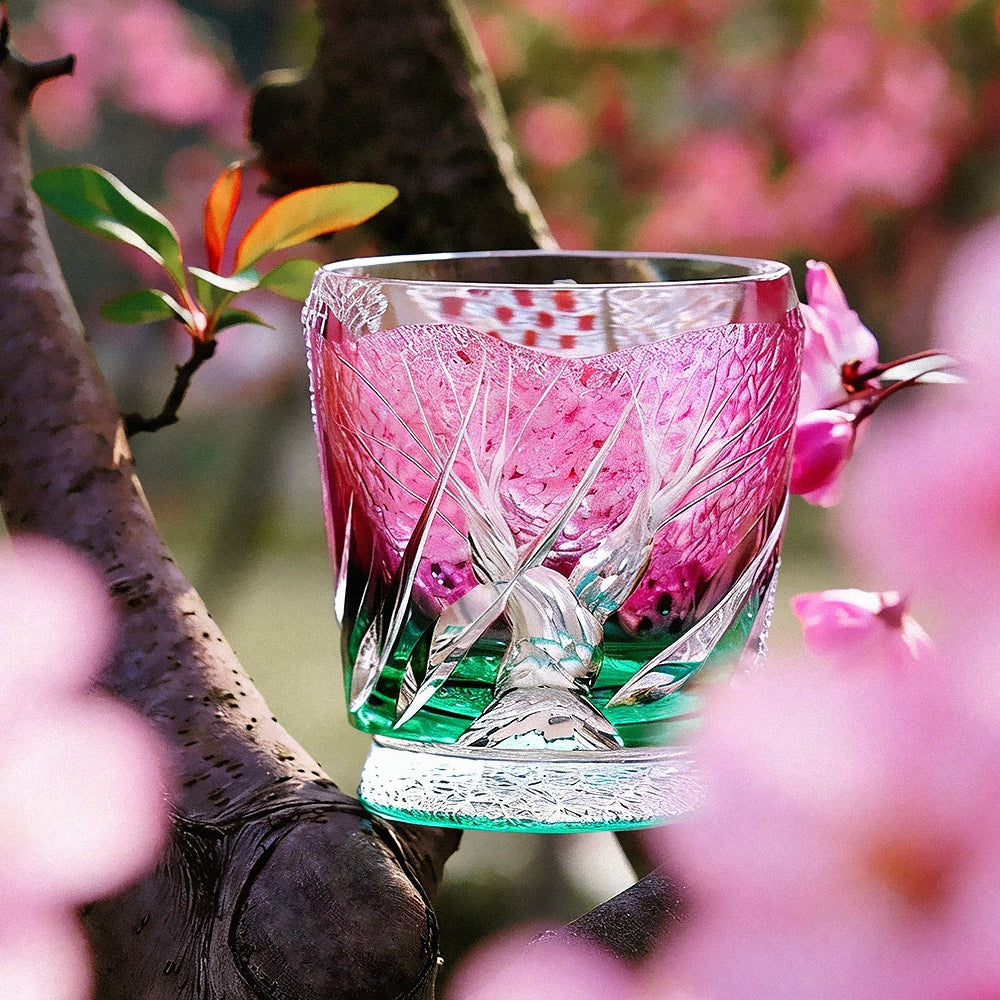 Handcrafted Edo Kiriko Sakura Nami whisky glass, Japanese cut crystal tumbler by Viko