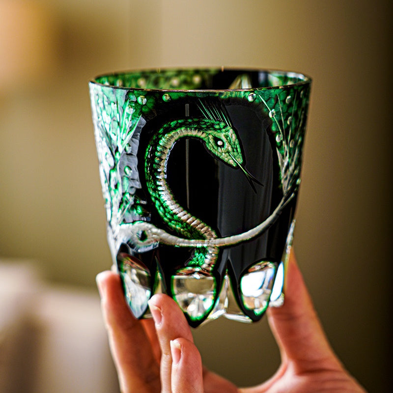 Handcrafted Edo Kiriko Green Serpent whisky glass, Japanese cut crystal tumbler by Viko