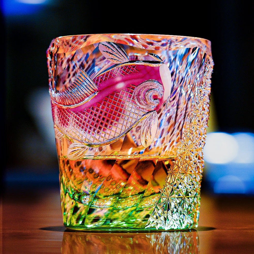 Handcrafted Edo Kiriko Kingyo Nishiki whisky glass, Japanese cut crystal tumbler by Viko