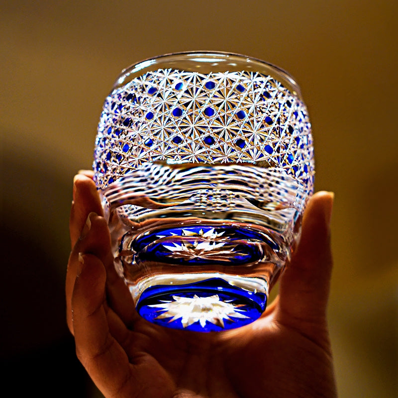 Handcrafted Edo Kiriko Midnight Blue Starburst whisky glass, Japanese cut crystal tumbler by Viko