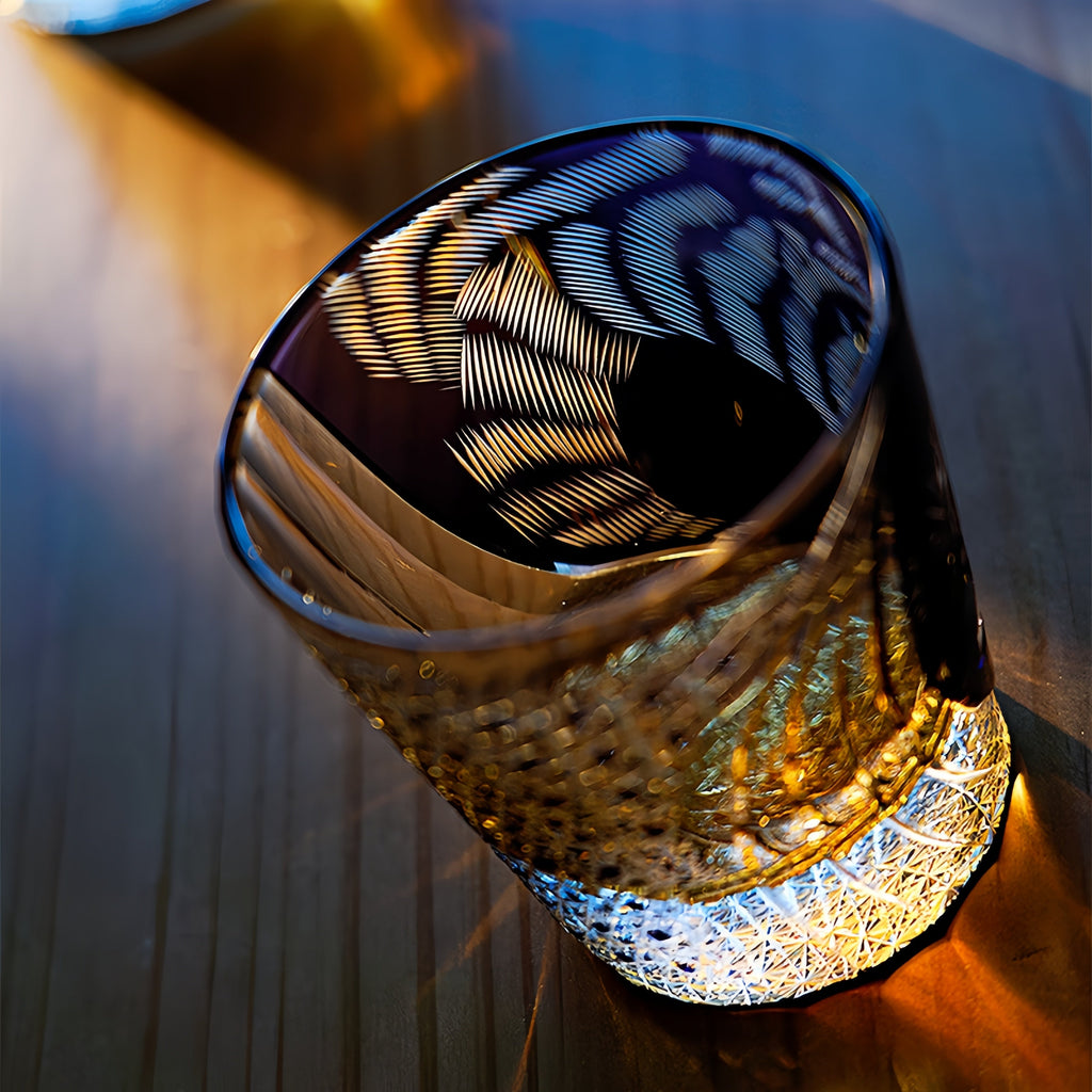 Handcrafted Edo Kiriko Murasaki Tora whisky glass, Japanese cut crystal tumbler by Viko