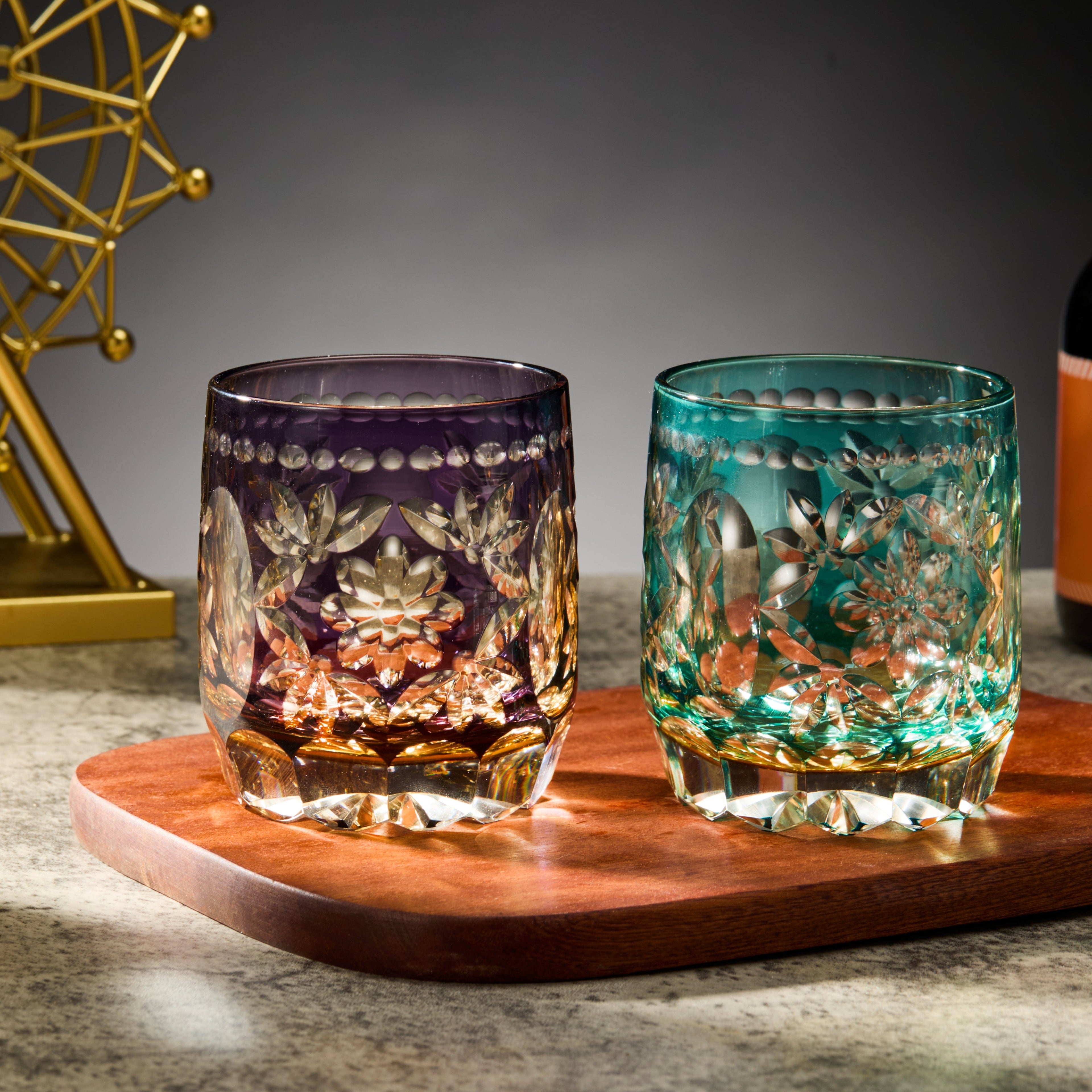 Handcrafted Edo Kiriko Seika Kasane whisky glass, Japanese cut crystal tumbler by Viko