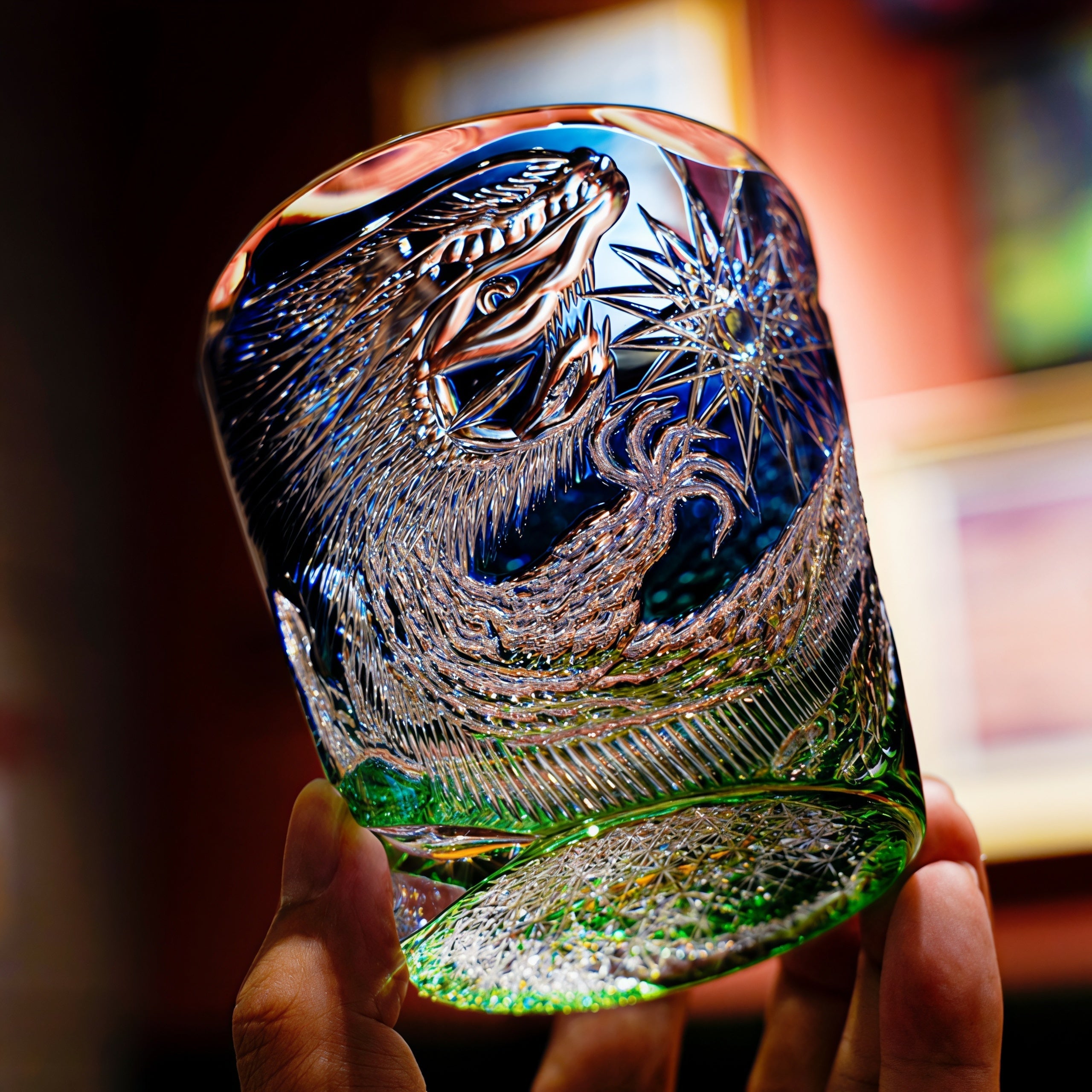 Handcrafted Edo Kiriko Kinryu whisky glass, Japanese cut crystal tumbler by Viko