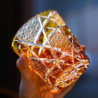 Handcrafted Edo Kiriko Amber Crane Lightning whisky glass, Japanese cut crystal tumbler by Viko