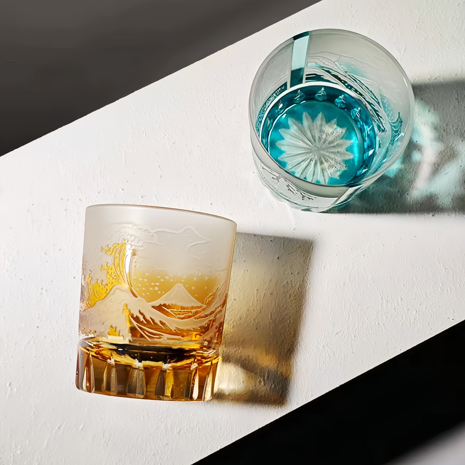 Handcrafted Edo Kiriko Fuji Wave whisky glass, Japanese cut crystal tumbler by Viko