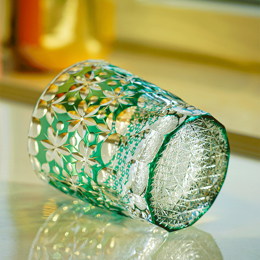 Handcrafted Edo Kiriko Sakura Snow whisky glass, Japanese cut crystal tumbler by Viko