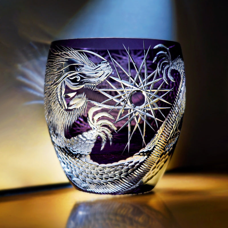 Handcrafted Edo Kiriko Majestic Dragon whisky glass, Japanese cut crystal tumbler by Viko