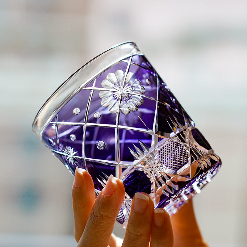 Handcrafted Edo Kiriko Violet Kohana Blossom whisky glass, Japanese cut crystal tumbler by Viko