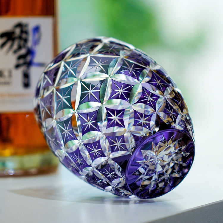 Handcrafted Edo Kiriko Violet Shippo whisky glass, Japanese cut crystal tumbler by Viko