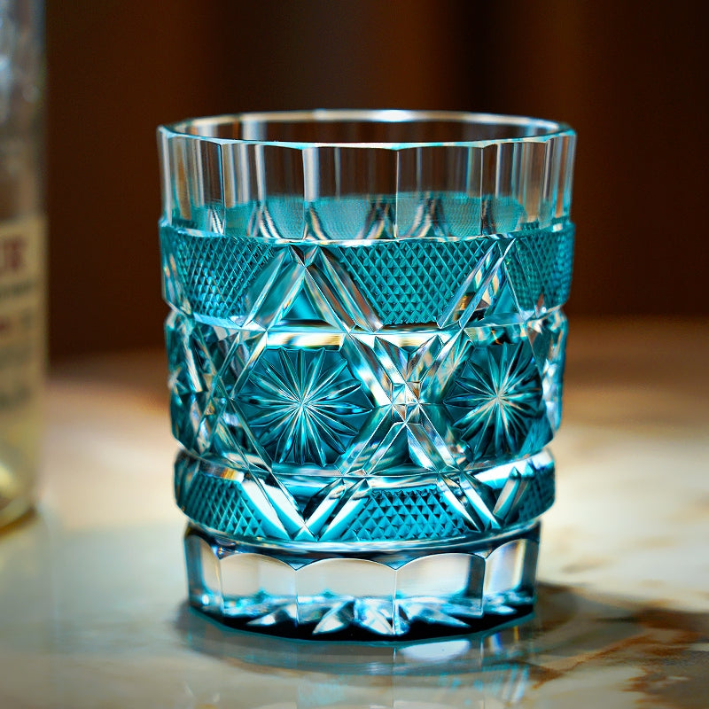 Handcrafted Edo Kiriko Kiku Suji whisky glass, Japanese cut crystal tumbler by Viko