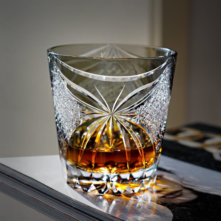 Handcrafted Edo Kiriko Inkstone Grey Butterfly whisky glass, Japanese cut crystal tumbler by Viko