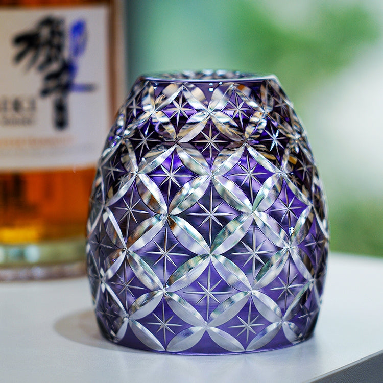 Handcrafted Edo Kiriko Violet Shippo whisky glass, Japanese cut crystal tumbler by Viko