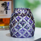 Handcrafted Edo Kiriko Violet Shippo whisky glass, Japanese cut crystal tumbler by Viko