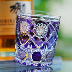 Handcrafted Edo Kiriko Violet Kohana Blossom whisky glass, Japanese cut crystal tumbler by Viko