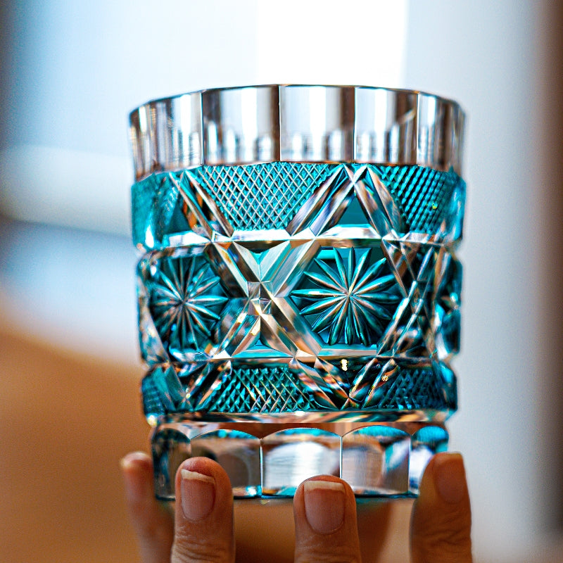 Handcrafted Edo Kiriko Kiku Suji whisky glass, Japanese cut crystal tumbler by Viko