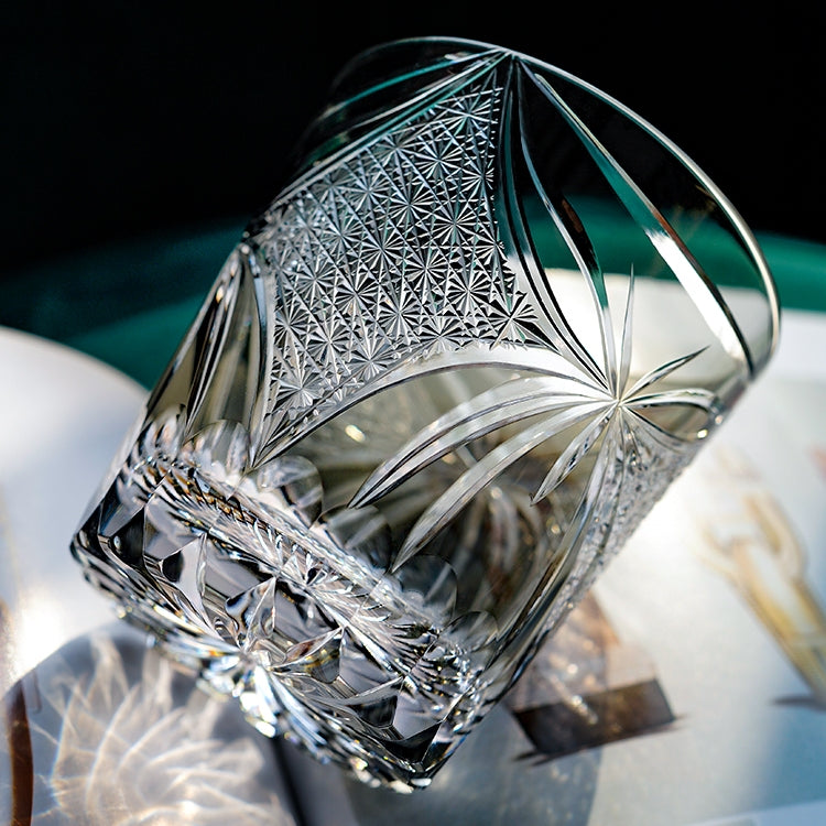 Handcrafted Edo Kiriko Inkstone Grey Butterfly whisky glass, Japanese cut crystal tumbler by Viko