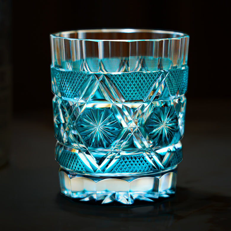 Handcrafted Edo Kiriko Kiku Suji whisky glass, Japanese cut crystal tumbler by Viko