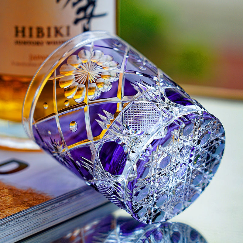 Handcrafted Edo Kiriko Violet Kohana Blossom whisky glass, Japanese cut crystal tumbler by Viko