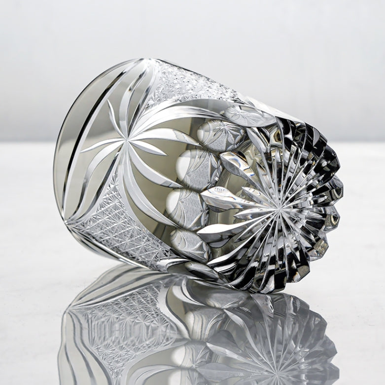 Handcrafted Edo Kiriko Inkstone Grey Butterfly whisky glass, Japanese cut crystal tumbler by Viko