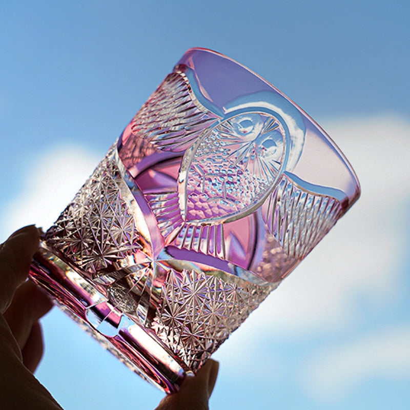 Handcrafted Edo Kiriko Ruby Nocturne whisky glass, Japanese cut crystal tumbler by Viko