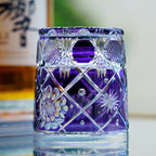 Handcrafted Edo Kiriko Violet Kohana Blossom whisky glass, Japanese cut crystal tumbler by Viko