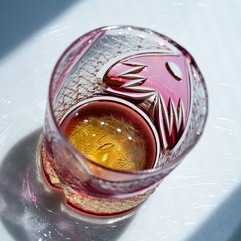 Handcrafted Edo Kiriko Ruby Nocturne whisky glass, Japanese cut crystal tumbler by Viko