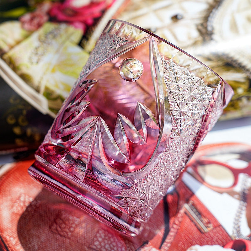 Handcrafted Edo Kiriko Ruby Nocturne whisky glass, Japanese cut crystal tumbler by Viko