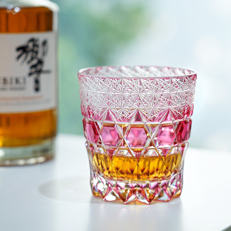 Handcrafted Edo Kiriko Rose Fluorite whisky glass, Japanese cut crystal tumbler by Viko