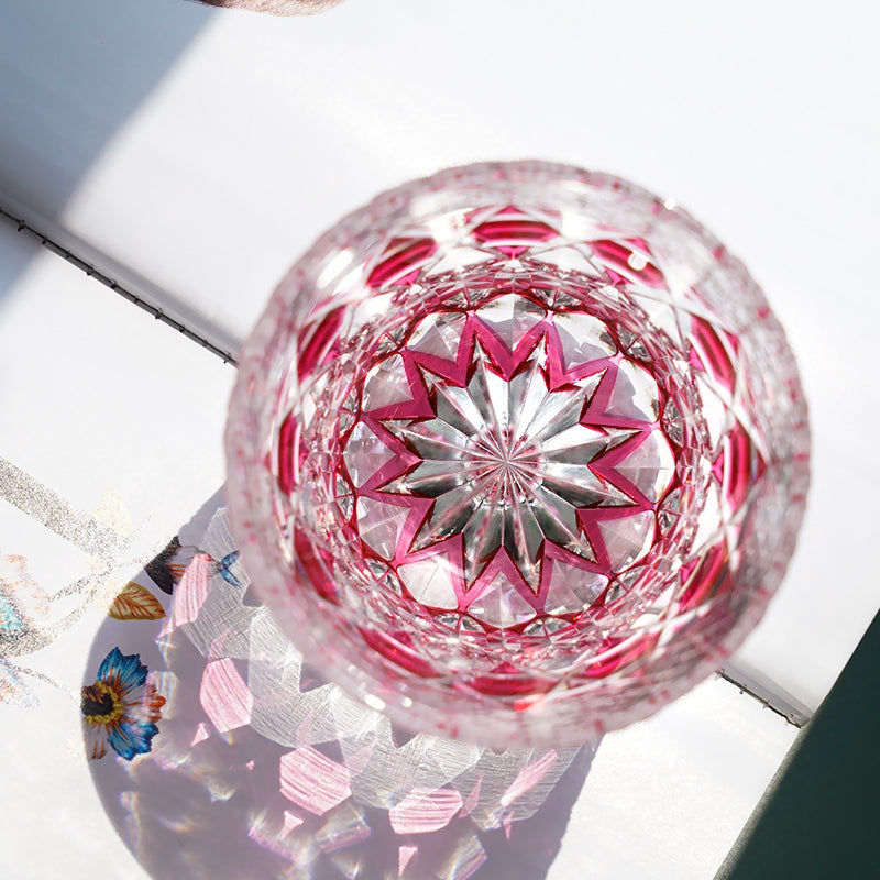Handcrafted Edo Kiriko Rose Fluorite whisky glass, Japanese cut crystal tumbler by Viko